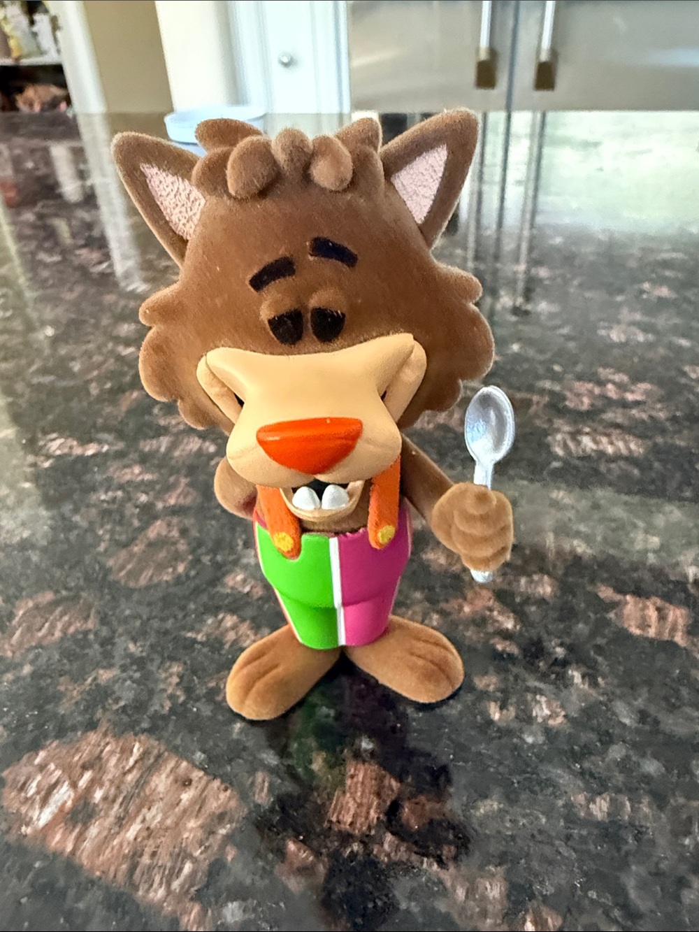 Brown Plush Wolf Figurine in Green & Pink Outfit with Spoon